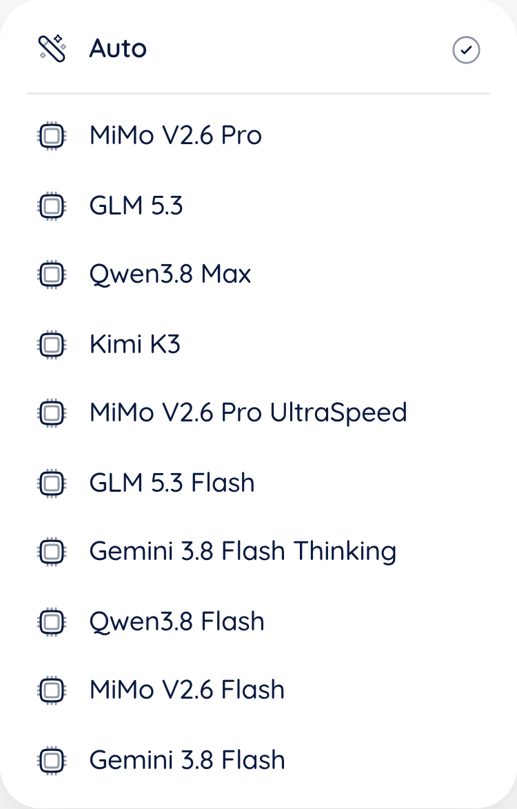 Starnexus model picker with Auto selected, above MiMo V2.6 Pro, GLM 5.3, Qwen3.8 Max, Kimi K3 and the other models