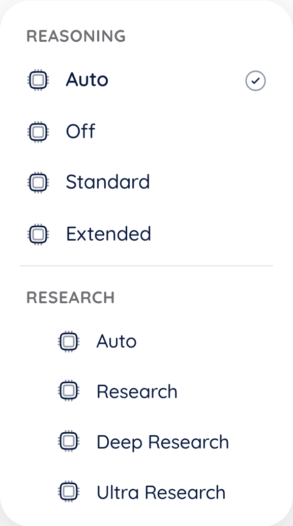 Reasoning menu with Auto, Off, Standard and Extended options, and a Research section below with Auto, Research, Deep Research and Ultra Research